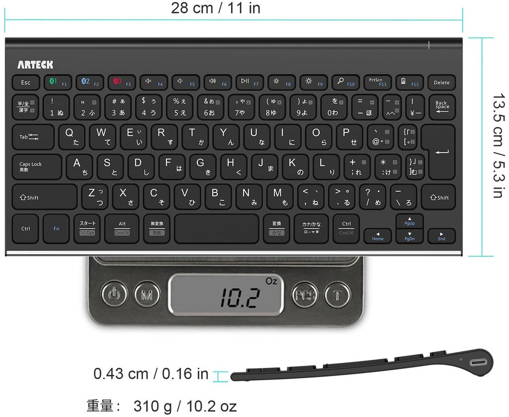 Arteck Wireless Keyboard, Japanese Layout, Multi-Device, Stainless Steel, Bluetooth Keyboard, Portable Design, Bluetooth Compatible with iOS,