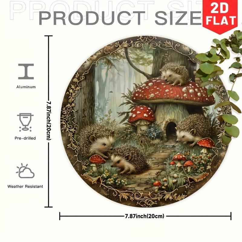 Whimsical Hedgehogs and Red Mushrooms Forest Round Metal Sign D Flat Printed Vintage Cottagecore Art Tin Plaque Enchanted Woo
