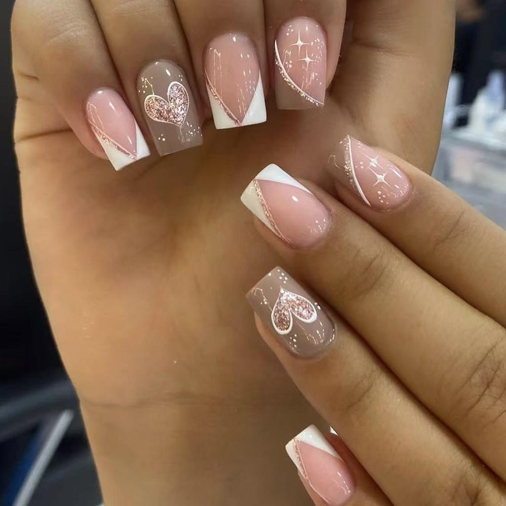 24Pcs Short Square Press On Nails White Rhinestone Flower French Tip Full Cover Reusable Fake Nail Tips