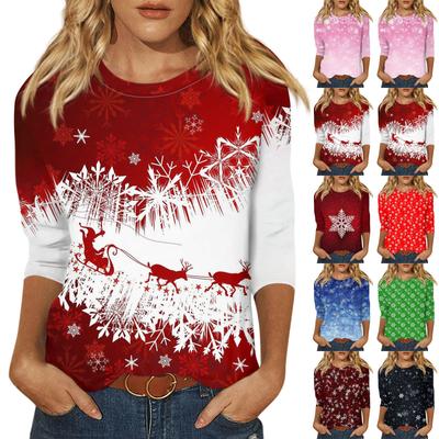 Moda feminina casual gola redonda manga 3/4 solta camiseta estampada de natal top feminino