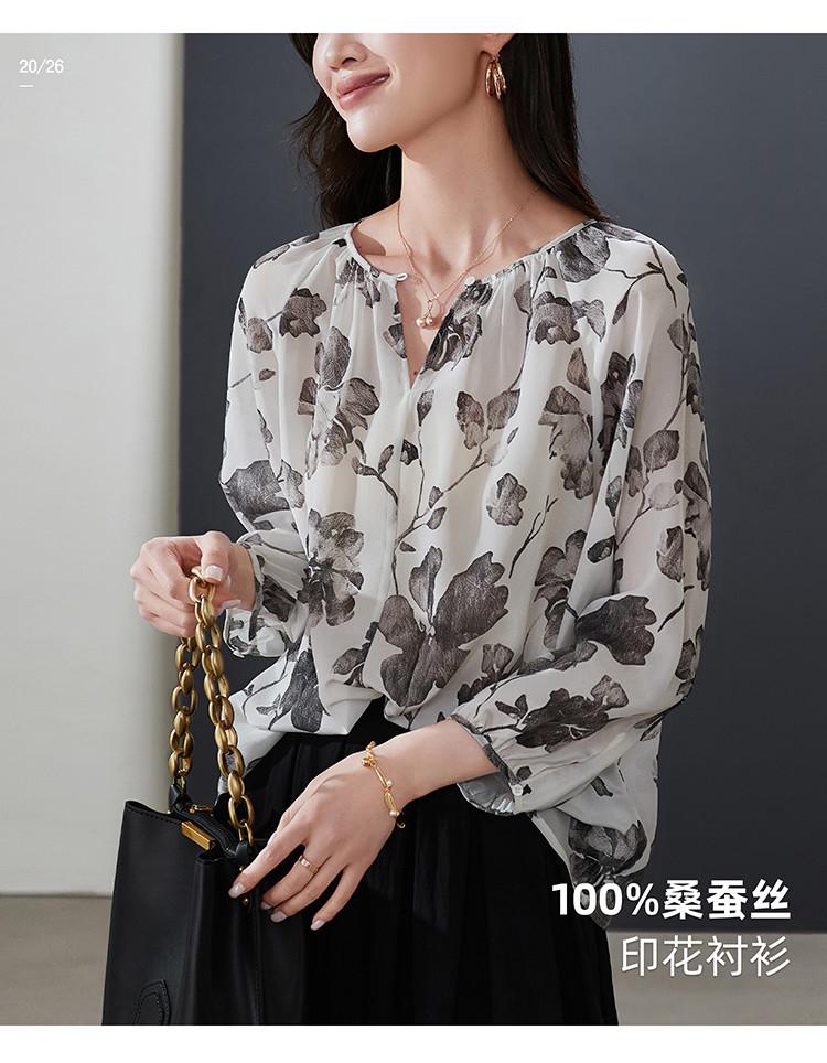 100% mulberry silk printed shirt for women's 2026 spring fashion versatile round neck silk top