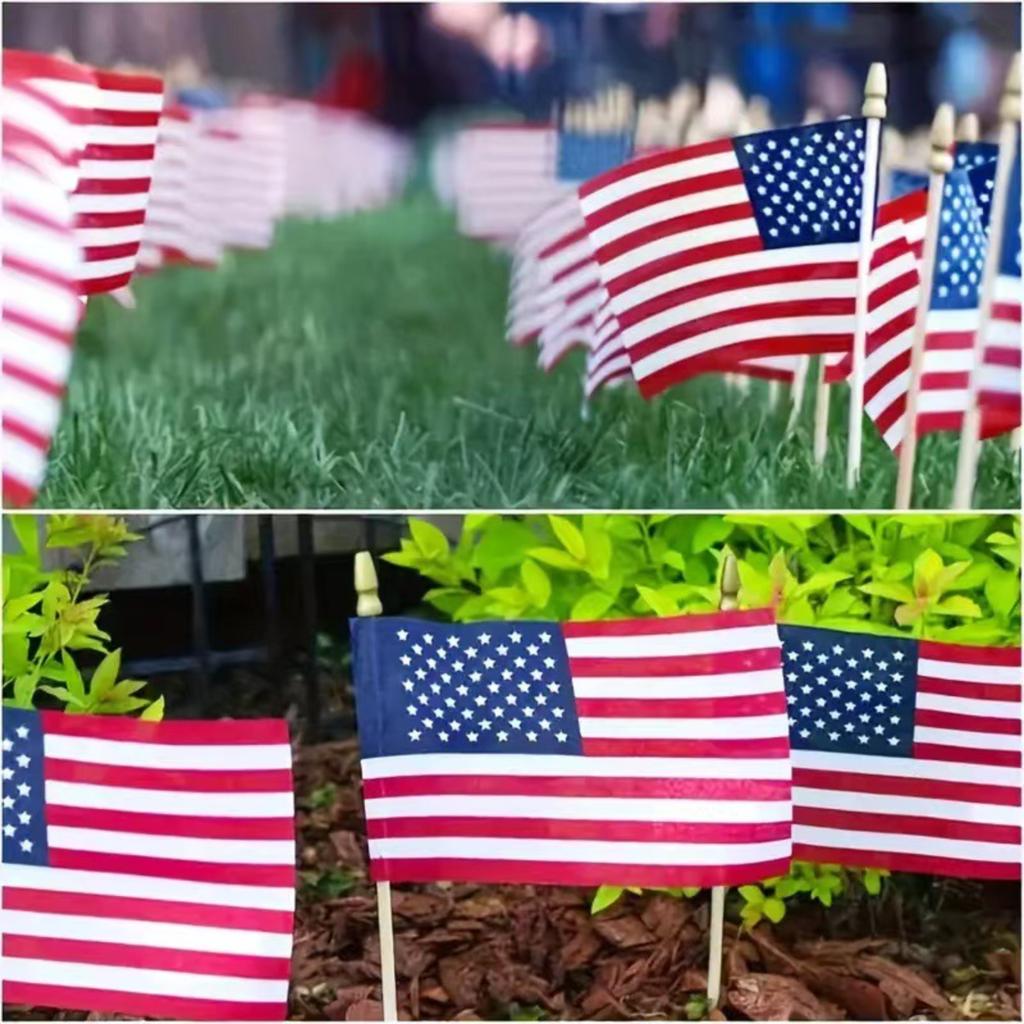 24 Pack Handheld Small Flags with Wooden Poles Gold Plastic Spear Tops 10x15cm Polyester Flags for Events Parades Parties Decorations