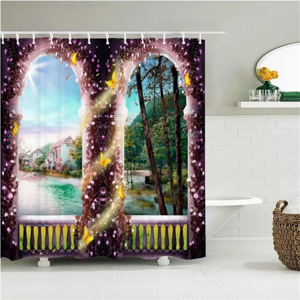 Home Wall Decor European Building Garden Patio Landscape Shower Curtains Bathroom Curtain Waterproof Bath Curtains for Bathroom