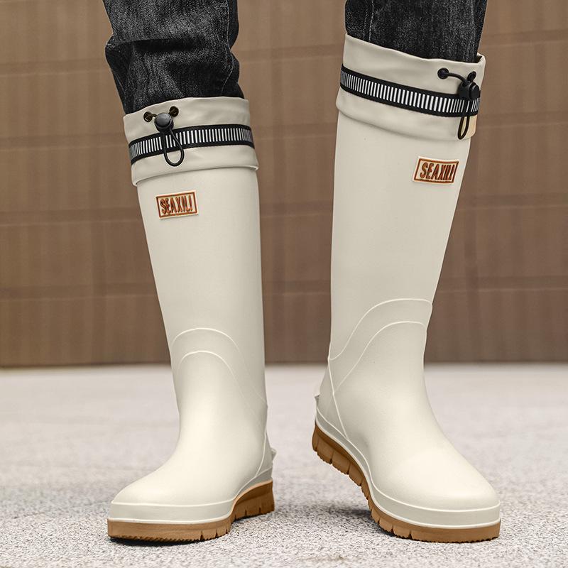 Men's High-Top Waterproof Non-Slip Rain Boots with Drawstring Long Tube Style