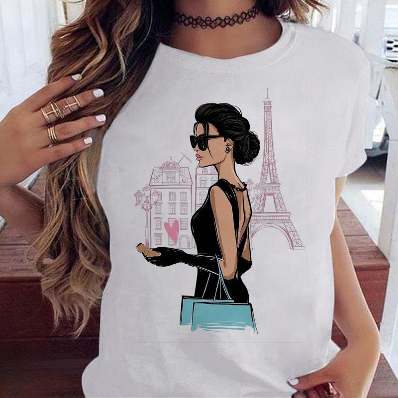 Women's Top Urban Girl Printed Casual White Cute Simple Retro Front Shoulder Pure Cotton Short Sleeved T-Shirts Women’s