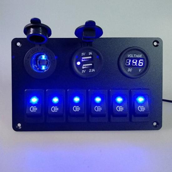 

Marine Boat 6-Gang Waterproof Circuit Blue Rocker LED Switch Panel Breaker EOA