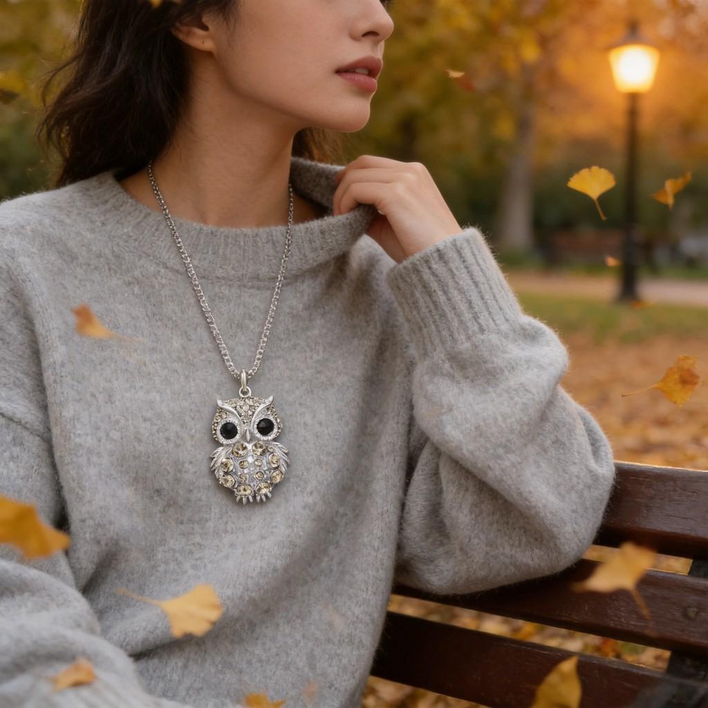 Owl Pendant Necklace For Women With Gemstone Embellishments Long Chain Jewelry Gift