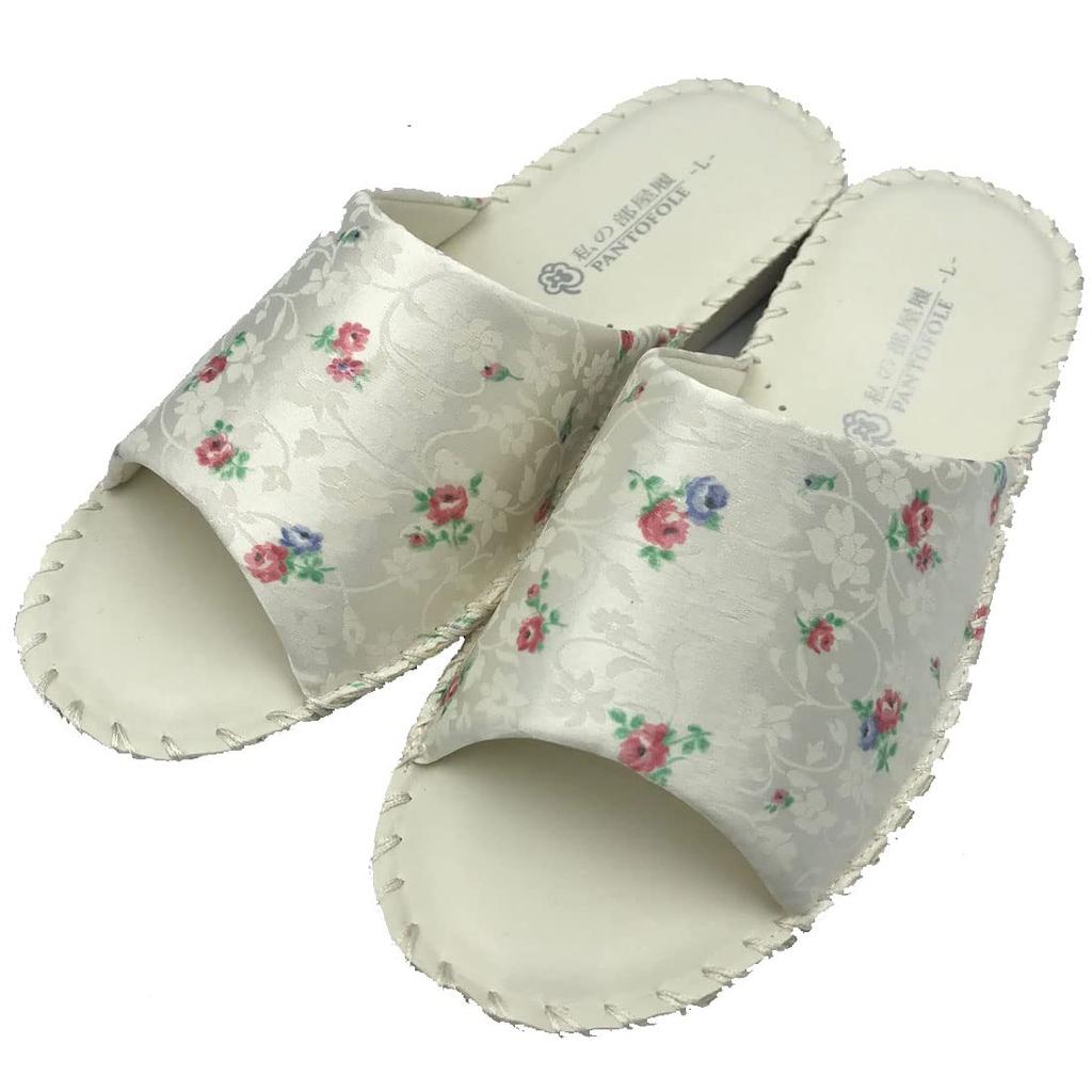 Pansy Floral Cute Room Synthetic Open Pantofore M Ivory Women's Slippers, Shoes, Lightweight, Hand-Knitted, Leather, Navy, Red, White, Front, (Size