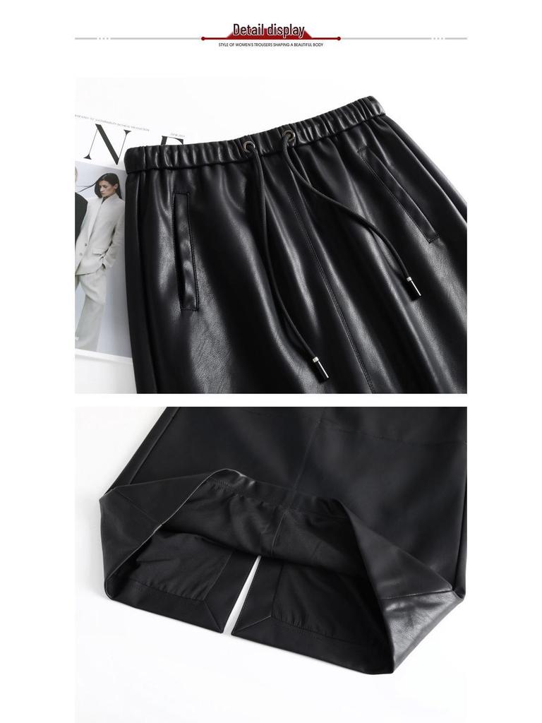 Elegant Slimming Mid-Length Lambskin Skirt with Slit for Women - Fashionable High-End Casual Style