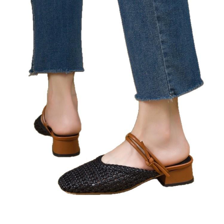 Soft leather version~ Baotou half slippers women's outer wear 2025 summer new two wear versatile French beautiful sandals thick heel