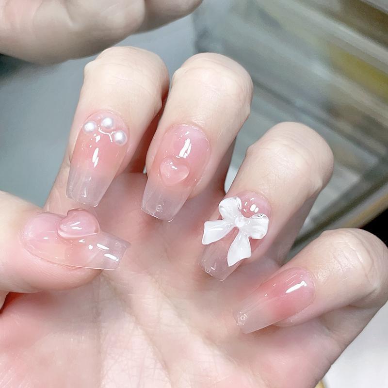 Drăguț roz dulce prințesă detașabil detașabil handmade Nail Art Y2K Vitality Girl Unghii false scurte Blush Bow Patch pentru unghii
