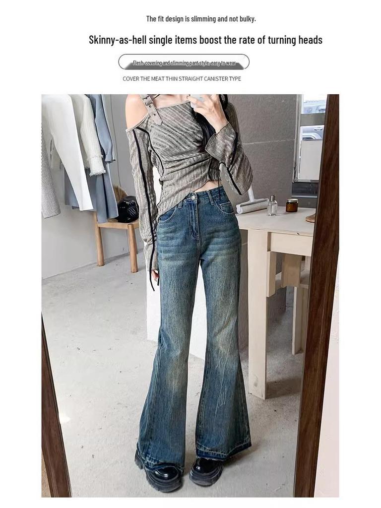 Damen High-Waist Retro Schlagjeans - Übergröße, gewaschen mit offenem Saum, ideal für Herbst-/Frühlingsmode.