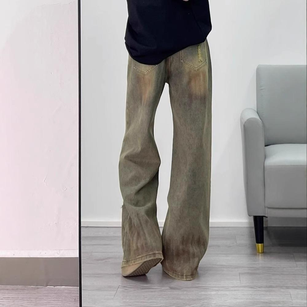 Comfortable Design Sense Niche Broken Hole Jeans Women High Waist Drag Floor Vintage Straight Wide Leg Long Pants Jeans for Women Long Denim Pants