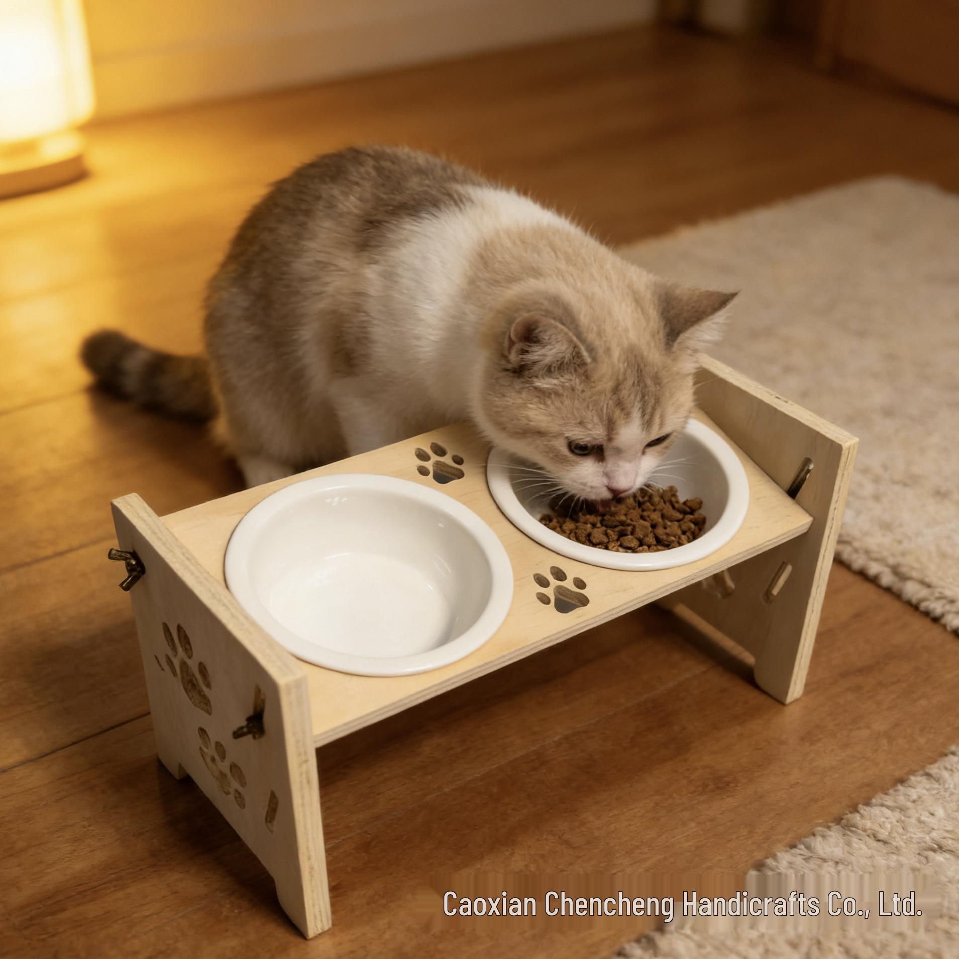 

Elevated Wooden Pet Bowl Stand with Mat and Neck Protection for Cats and Small Dogs