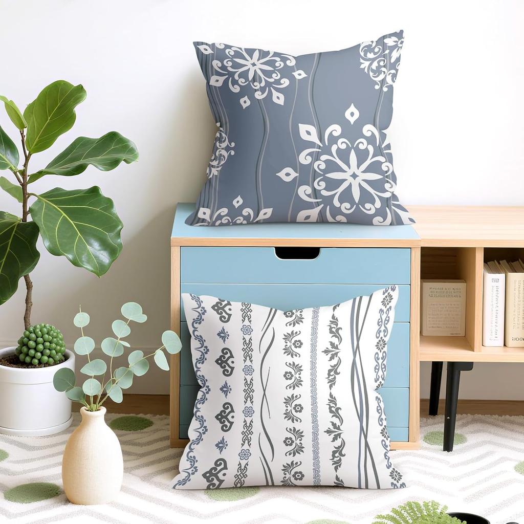 4 Stück Blau-Graue Damast-Kissenbezüge, Vintage Florale Kissenhüllen für Sofa Schlafzimmer Wohnzimmer Heimdekoration 45x45cm