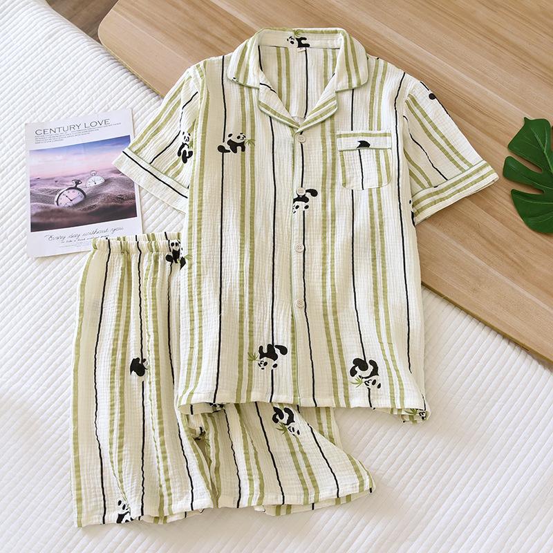 Jednoduché kostkované pyžamové sety pro páry Šortky Pánské Dámské Oblečení na spaní Krátký rukáv Dvojitá gáza Mačkaná bavlna Domácí oblečení