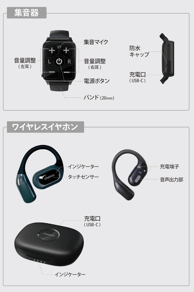 cheero Kikiyasu wireless hearing aid Bluetooth Waterproof IPX5 Rechargeable Open earphones Open type Small Wireless AI With clip Left and right volume