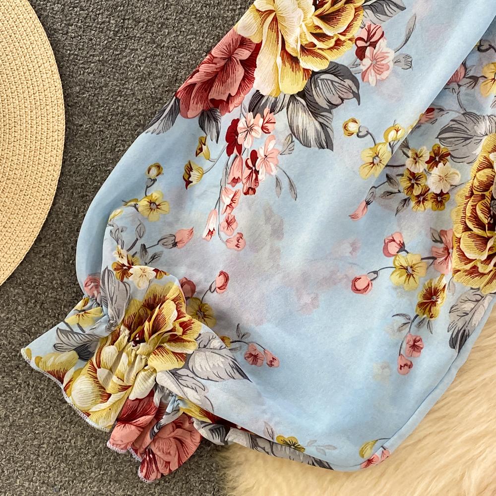 Fashion Set Women's  Long Sleeve Square Neck Slim Fit Chiffon Shirt 2 Two Pieces Suits Sets High Waist Slim Wide L