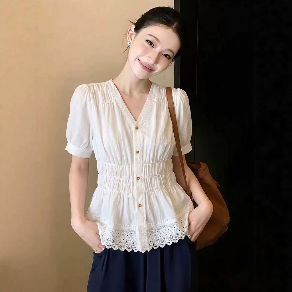 French fashion white v-neck short-sleeved chiffon shirt women's summer new fashion temperament waist shirt