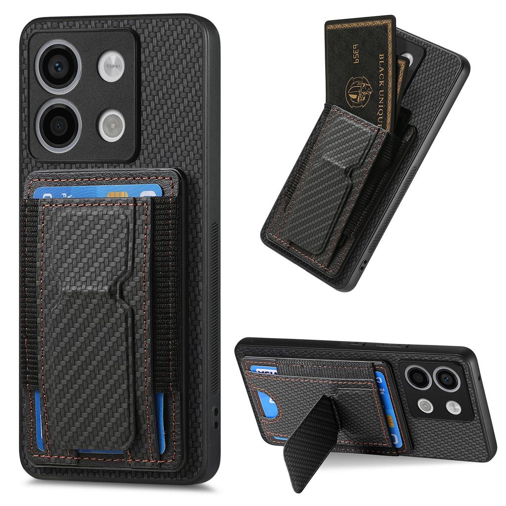 Carbon Fibre Foldable Vertical Cards Bag Case For Redmi Note 13 Pro Plus 12 11 13T 13C POCO X6 X5 14 Ultra Kickstand Solt Cover