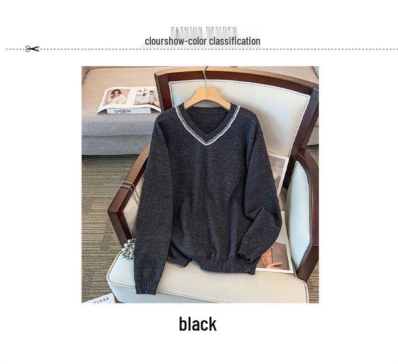 Plus Size V-Neck Knit Sweater: Slimming, Loose Fit, Mid-Length, Long Sleeve (Sizes Up To 350 Jin)
