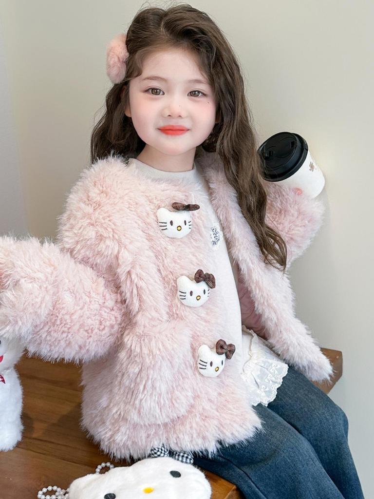 Girls' Faux Fur Fuzzy Coat - 2025 Fashionable Fleece-Lined Autumn/Winter Sweater for Children