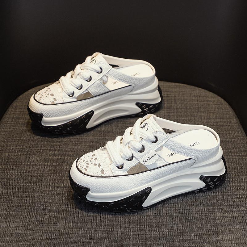 

Leather bag head inner height increase half slippers women summer wear new Internet celebrity thick-soled hole white shoes 35