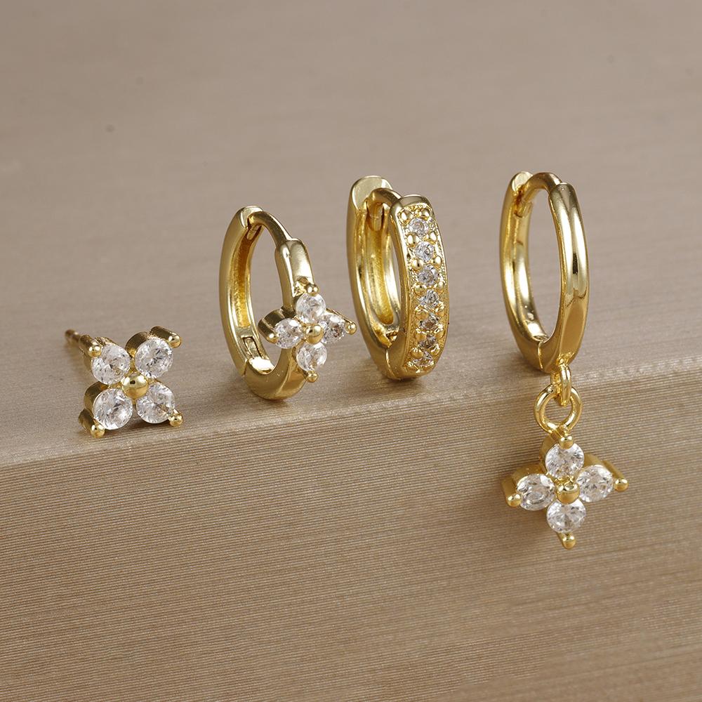 4pcs Fashion Cubic Zirconia Flower Hoop Earrings Set 18K Gold Plated Stainless Steel Stud Earring Piercing Jewelry Aretes Mujer