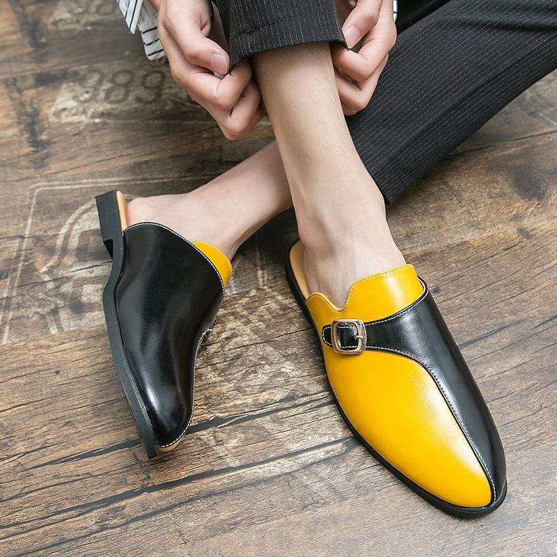 Cross46 Men's Large Summer Closed-Toe Leather Slip-Ons: Fashionable Retro Color Block Outdoor Shoes