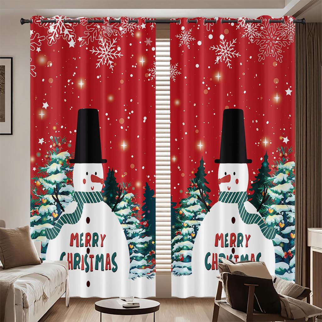 Christmas Snowman Print Red Curtains Multiple Sizes Living Room Insulation Decoration Easy Install Curtain Light Blocking For Polyester Machine