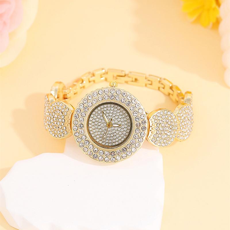 5Pcs Personalized Luxury Women's Gold Quartz Watch with Diamonds Geometric Round Girl Pendant Necklace Earrings Ring Jewelry Set