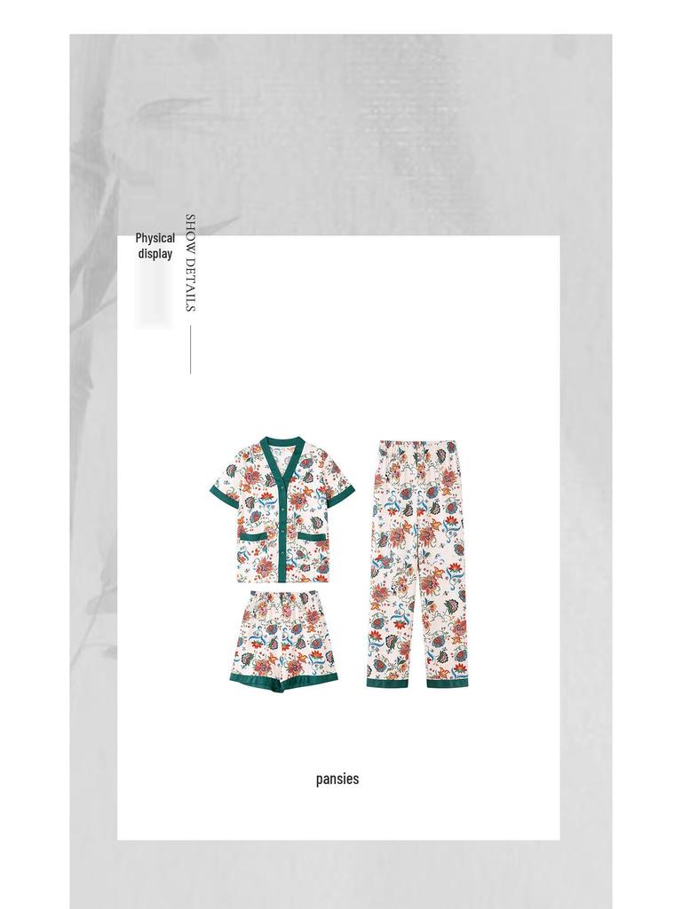 Women's Floral Ice Silk Pajama Set - Loose Short Sleeve & Shorts, 3-Piece Summer Loungewear