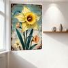 Vintage Rustic Metal Tin Sign with Yellow Daffodils & Blue-White Wood Pattern for Home Decor, Man Cave, Cafe, Bar