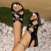 Fashion Black Pu Leather Flats Rome Sandals Women Summer Cross Straps Open Toe Beach Sandles Woman Lightweight Soft Sole Sandalias 36-43