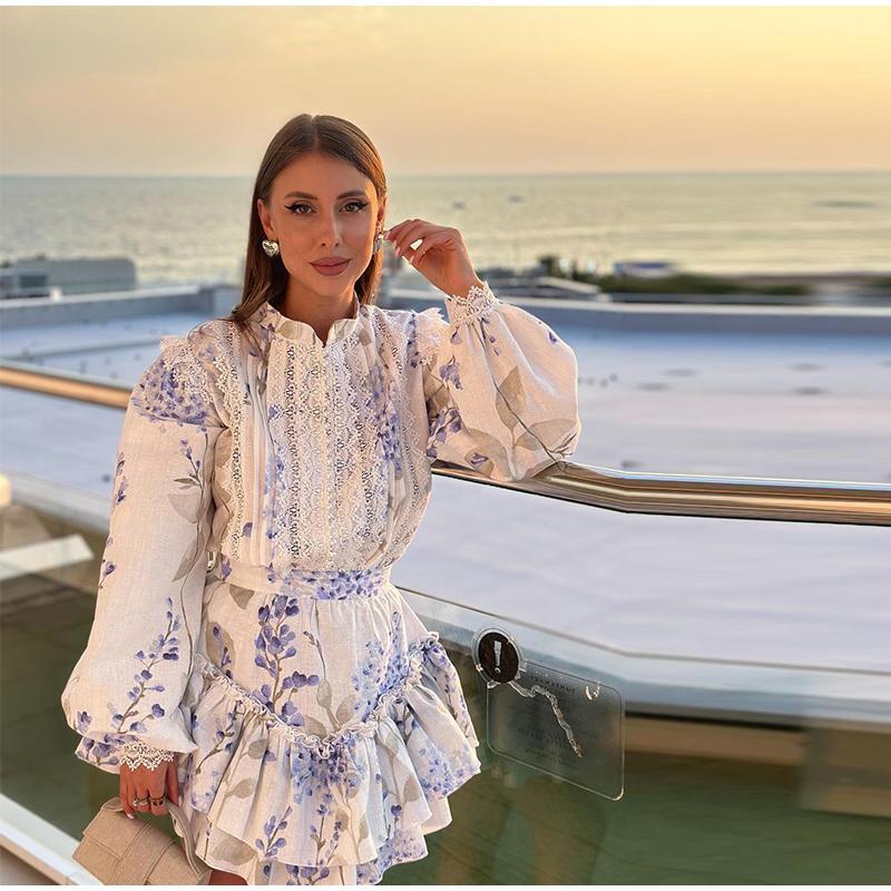 Ladies' Printed Stand Up Collar Bubble Sleeve Long Sleeved Ruffle Edge Short Skirt Casual Slim Fit Dress Blue Print Summer New Collection Waist Dress