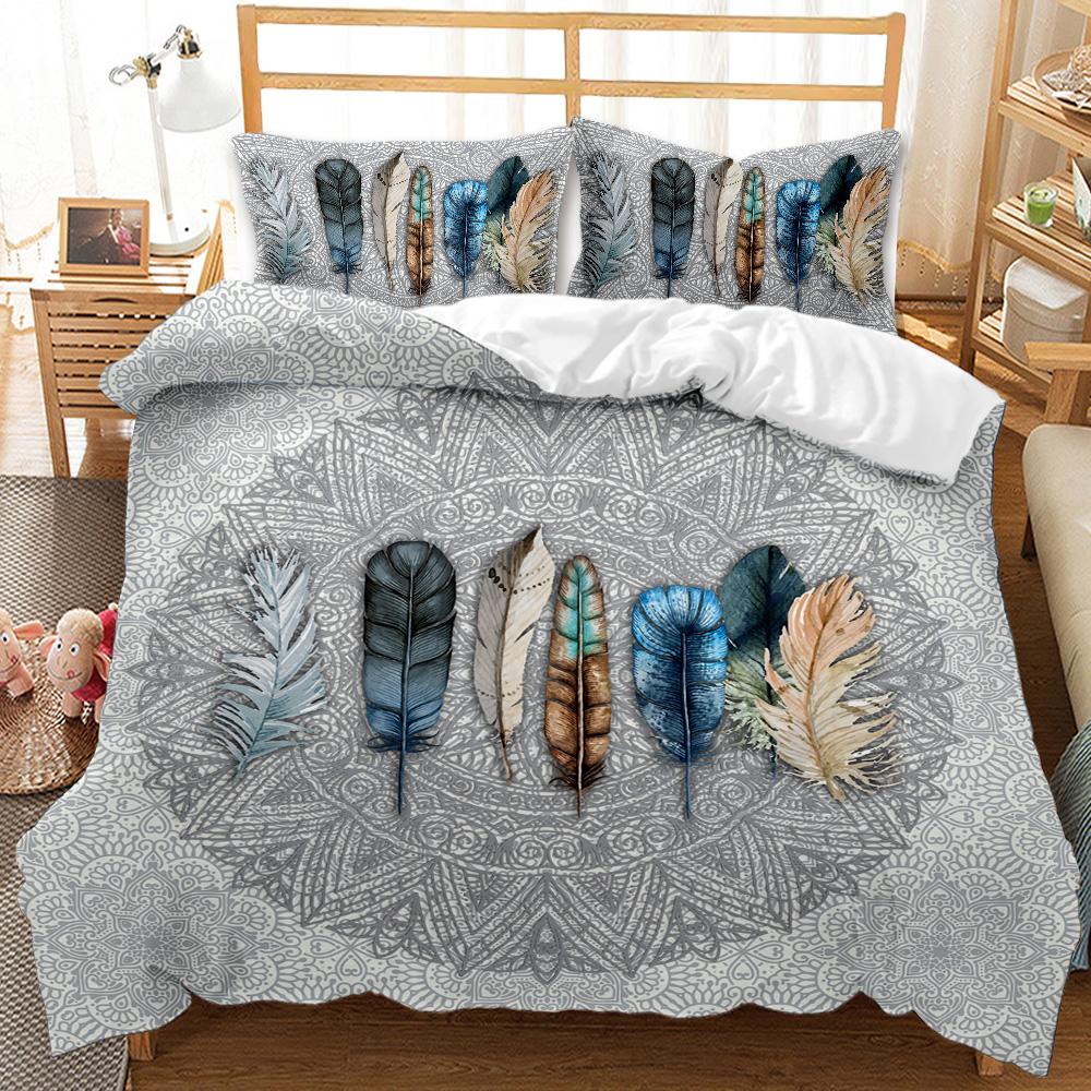 Feather Duvet Cover Set Green Dreamy Watercolor Elements Plumage Romantic Design Double Queen King Size Polyester Qulit Cover