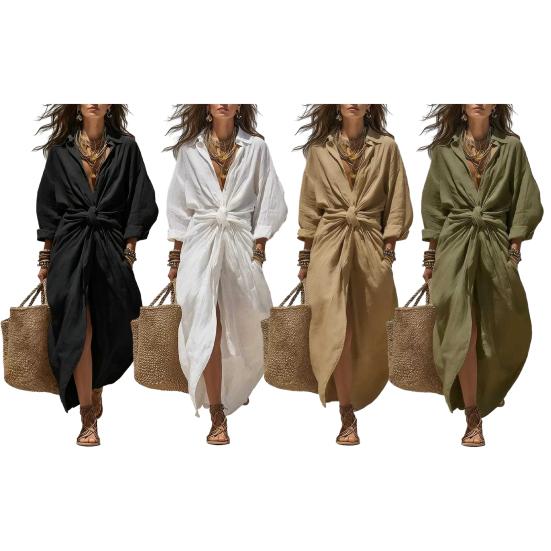 Maxi Shirt Dress for Women, V Neck Long Sleeve Ruffled Tie Waist Boho Long Dress, High Slit A-line Loose Flowy Dress with Pockets