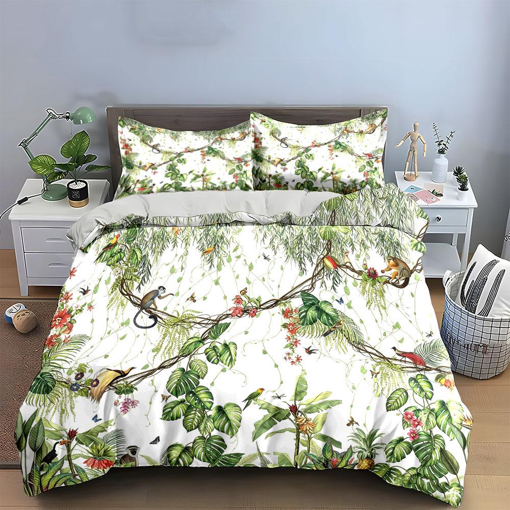 Set Biancheria da Letto Scimmia e Uccelli Giungla Tropicale 3pz Copripiumino con Stampa Botanica ad Acquerello Biancheria da Letto a Tema Natura per Camera da Letto