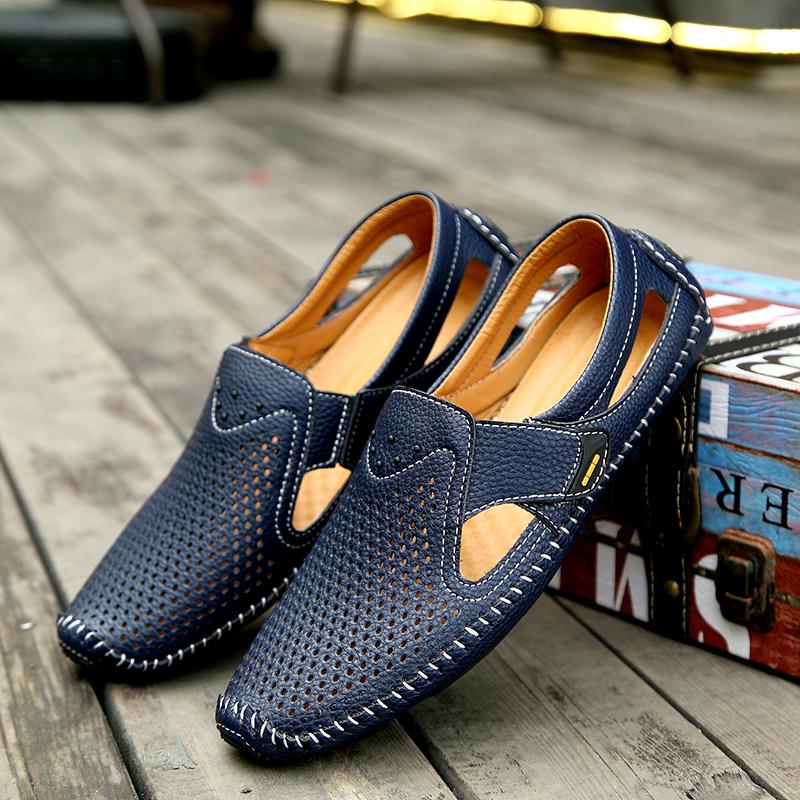 Fashion Men Sandals Men Breathable Footwear Mesh with Hole Cow Leather Shoes Male Comfortable Soft Sole Men's Casual Shoes Men Loafers