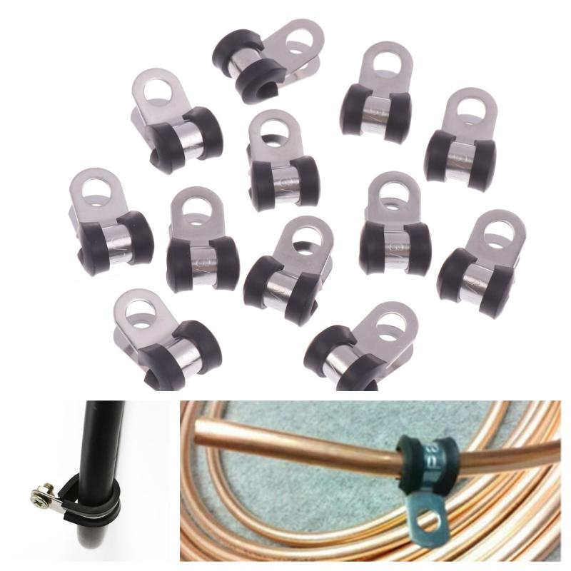 Compilation of 12 Brake & Gas Line Rubber Lined Metal Fixing Clamps, Wiring Hose Pipe R Clips, 3/16"
