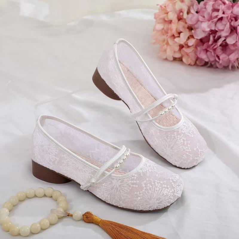 Woman's Summer New Mesh Embroidered Shoes Low Heel Round Toe Shallow Slip On Mary Jane Shoes Soft Sole Non Slip Dress Sandals