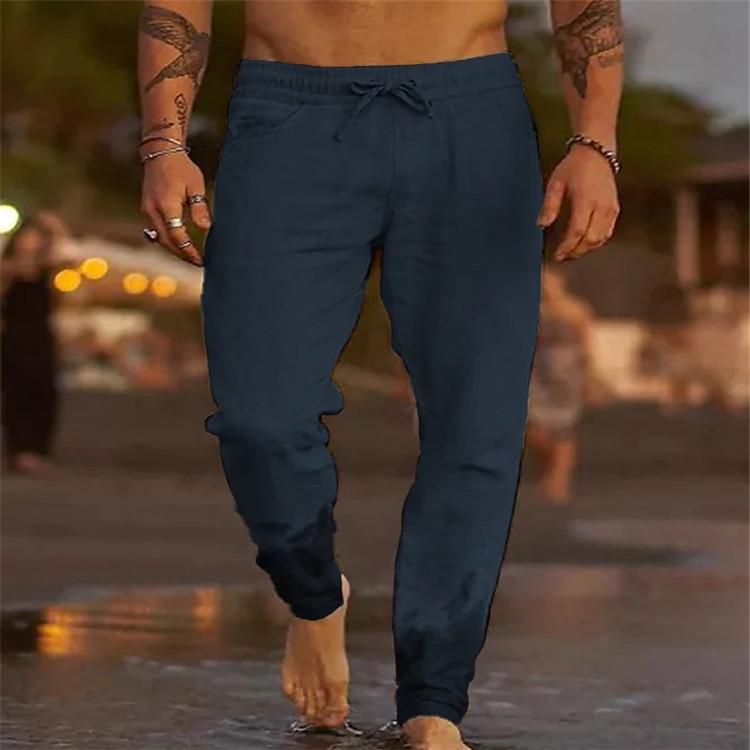 Men's Trousers New Solid Colour Drawstring Cotton Linen Loose Breathable Beach Casual Trousers