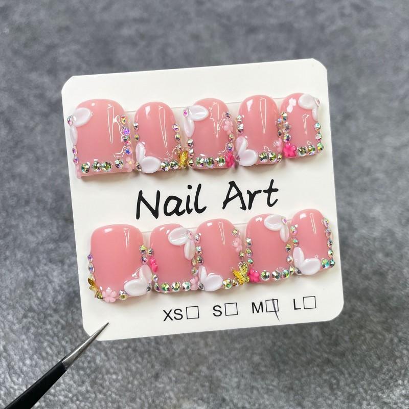 Reusable Press-On Nails With 3D Floral Butterfly Embossing Short Square Nude Pink Glitter Acrylic Tips Handmade Small