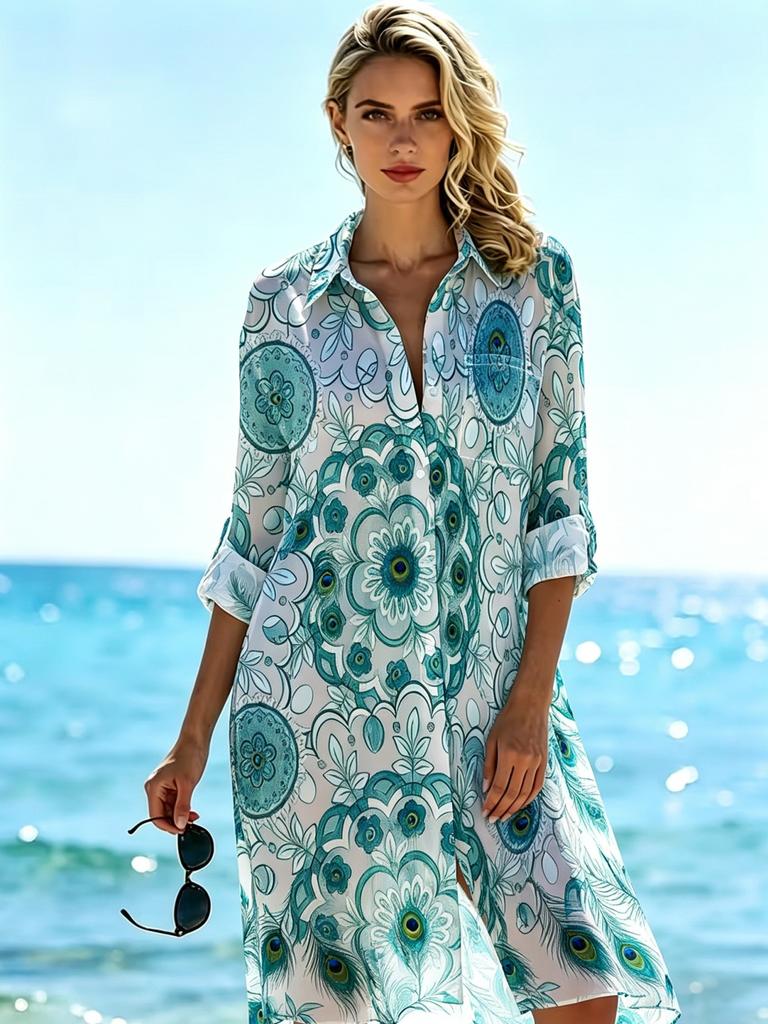 Plus Size Women's New Long Sleeve Printed Shirt Loose Fit Button Lapel Pocket Beach Printed Shirt, Plus Size Shirt