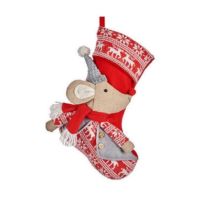 Chaussette De Noël - Souris - 31 X 5 X 48 Cm - Rouge, Gris, Blanc, Crème - Décoration Festive