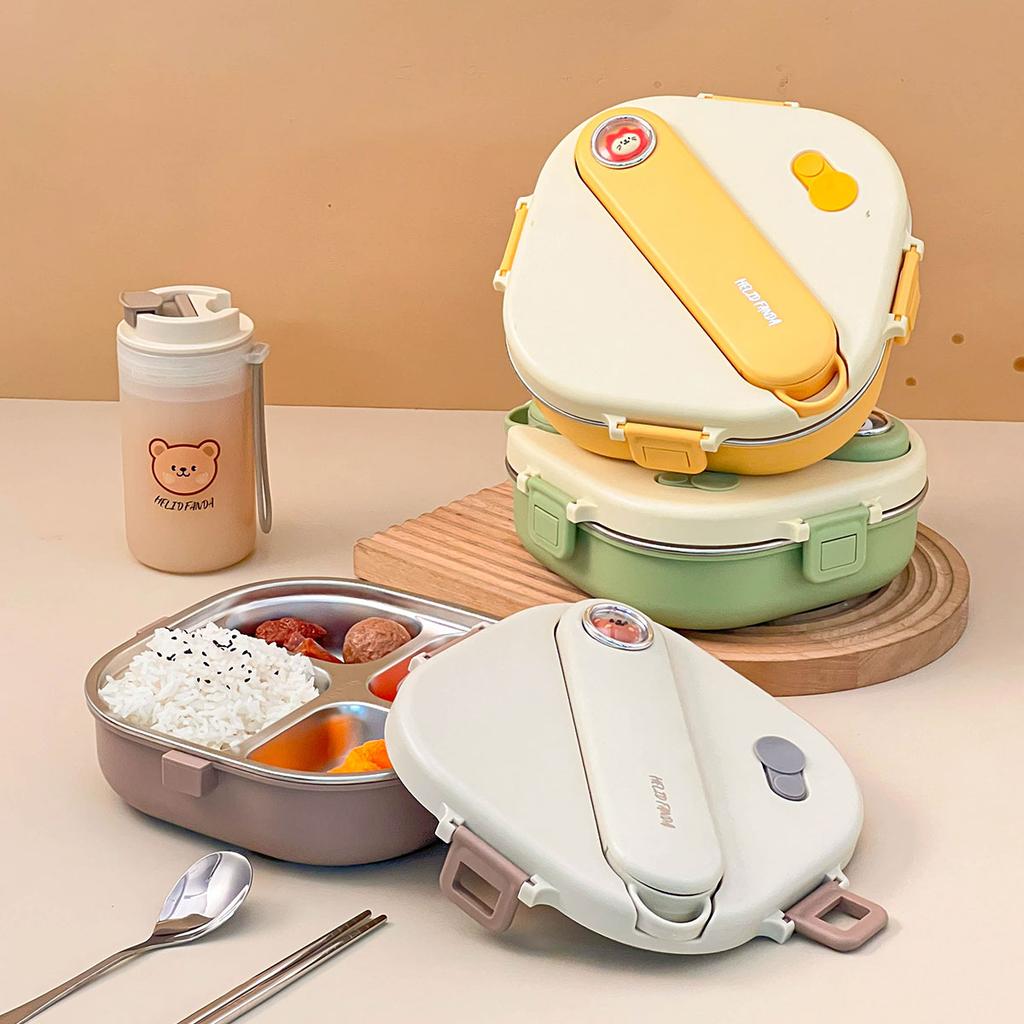 WORTHBUY 800Ml 304 Stainless Steel Bento Lunch Box 3/4 Grid Microwave Safe Large Capacity Food Container Set For Student Adult