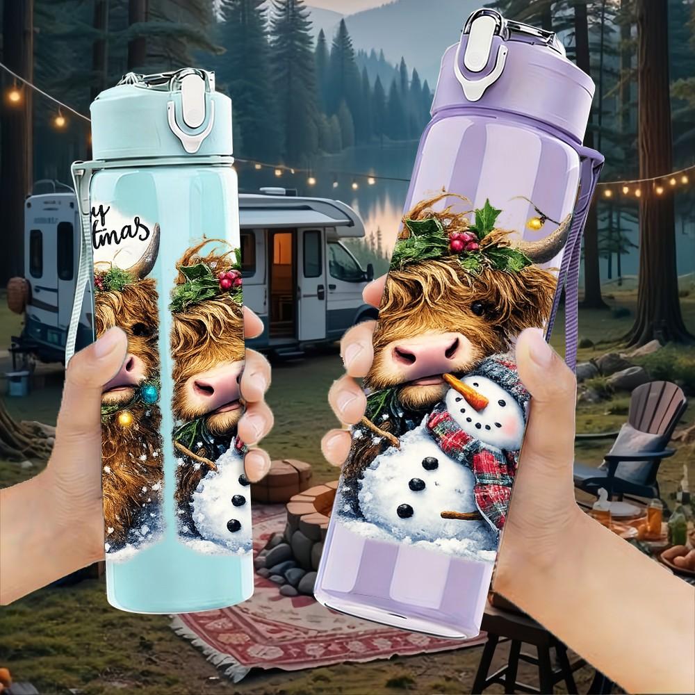 1PC Bear Snow Winter Christmas Cartoon 750ml Color Plastic Sports Water Bottle Leakproof Flip Straw Lid Suitable for Sports Office Home Use
