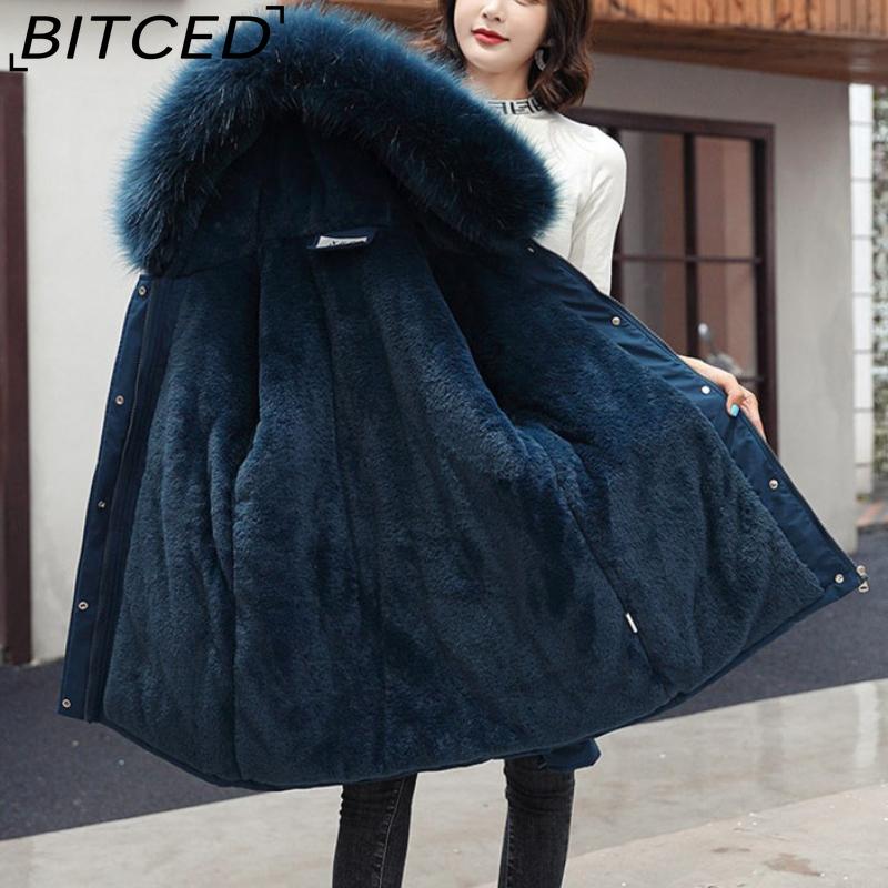 BITCED Women's Mid-Length Drawstring Cotton Coat with Fleece Lining Loose-Fit Puffer Jacket with Down-Fill Cotton Padding Winter Outerwear
