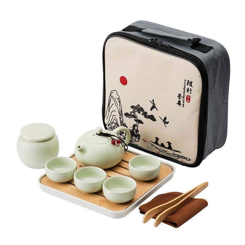 Dehua Tea Set Outdoor Set Gift Portable Ceramic Ding Kiln Four Cups Black Bag Travel Tea Set