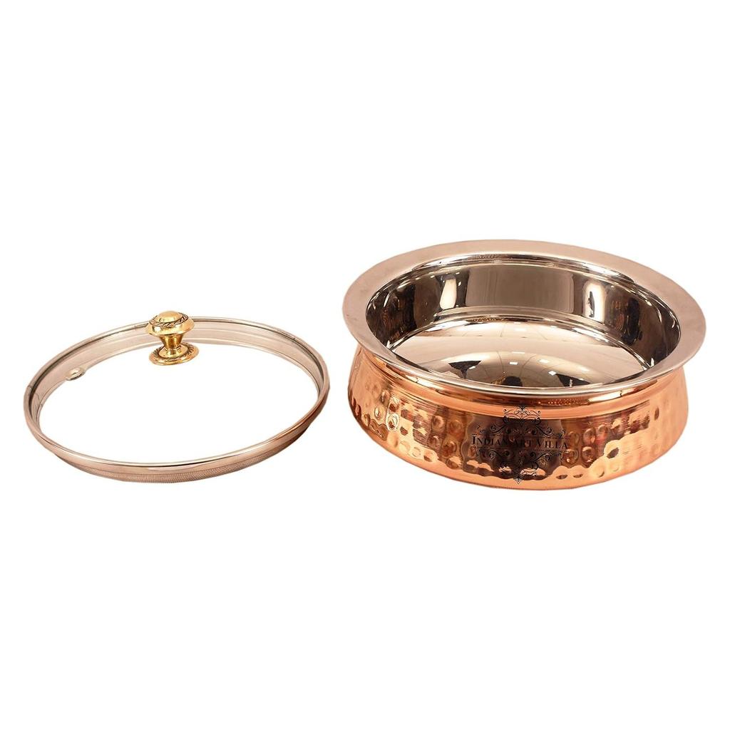 Steel Copper Hammered, Polished Serving Handi with Glass Lid 750 ML - Serving Dishes Chicken Briyani Vegetables Home Hotel Restaurant Tableware
